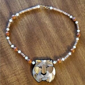 Vintage Lee Sands Mosaic Lioness Wood & Mother Of Pearl Necklace